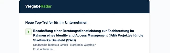 E-Mail von VergabeRadar mit den neuen Top-Treffern und ihrem Passungs-Score