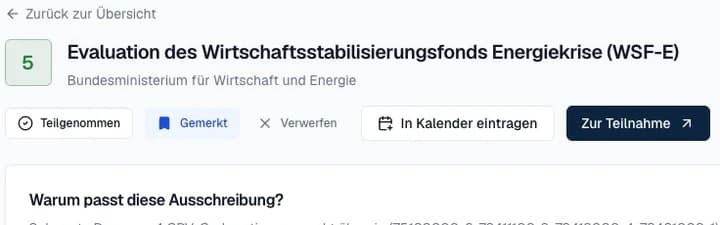 Detailansicht einer Ausschreibung mit der Schaltfläche „In Kalender eintragen“